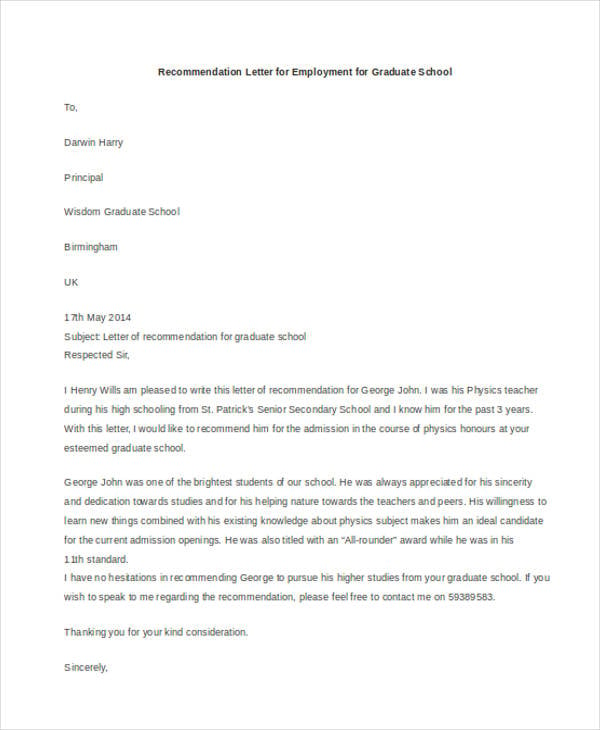 recommendation letter for employment for graduate school