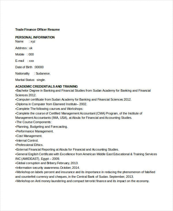 trade finance officer resume
