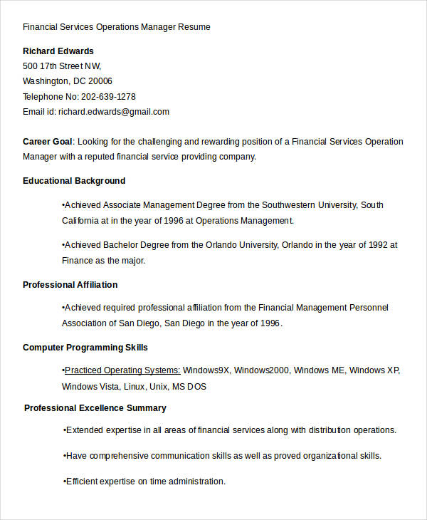 financial services operations manager resume