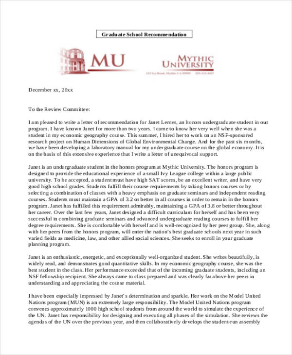 recommendation letter for graduate school student