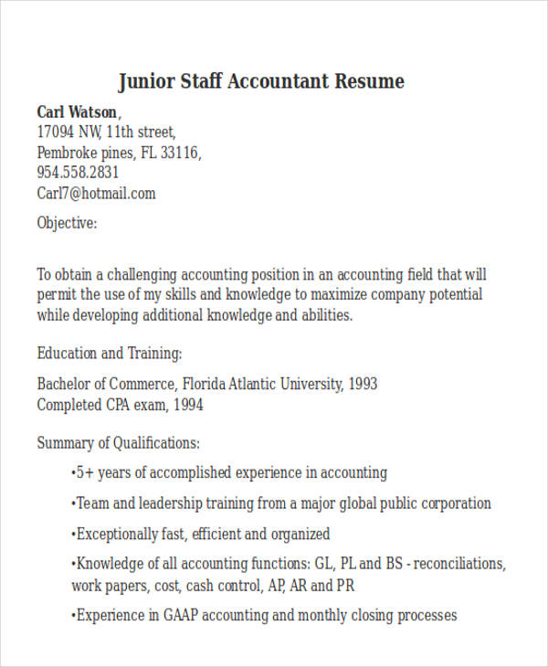 junior staff accountant resume