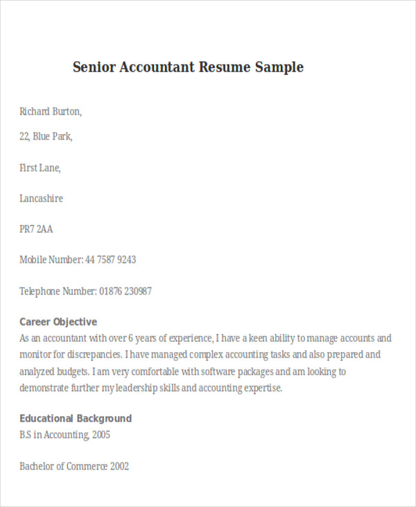 senior accountant resume sample
