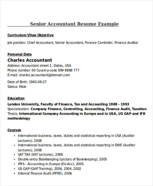 senior accountant resume example