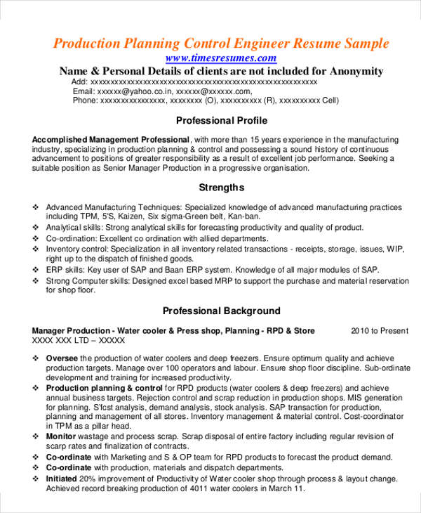 production manager resume sample