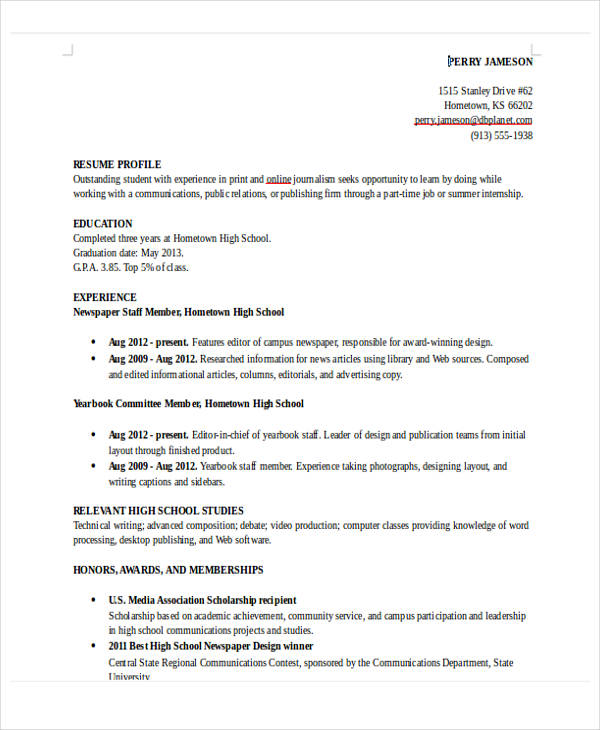 sample resume with only high school education