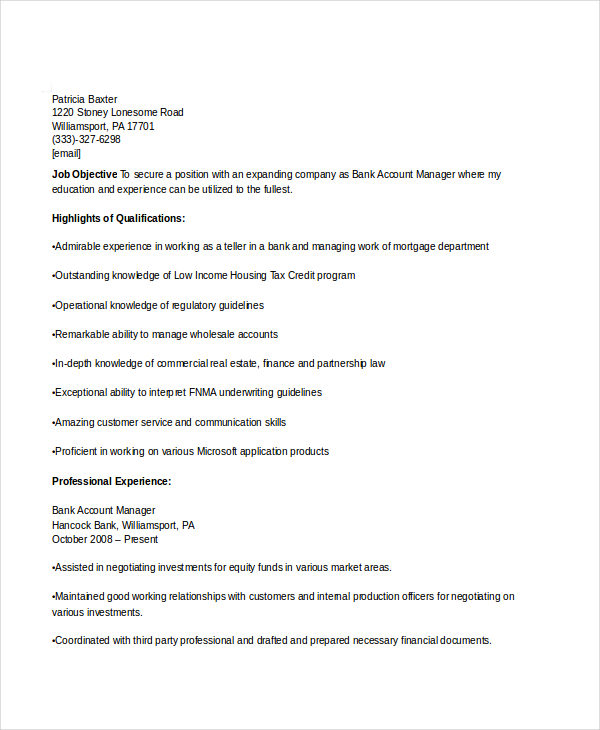 bank account manager resume