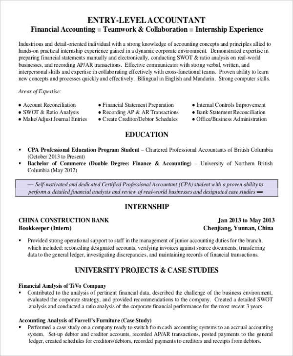 entry level accounting and finance resume