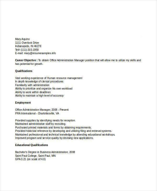 office administration manager resume