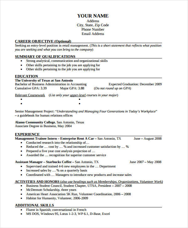 manager trainee resume in pdf