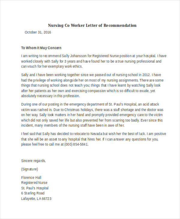 nursing co worker letter of recommendation