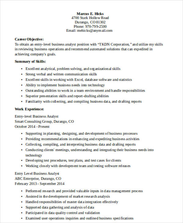 entry level business analyst it resume