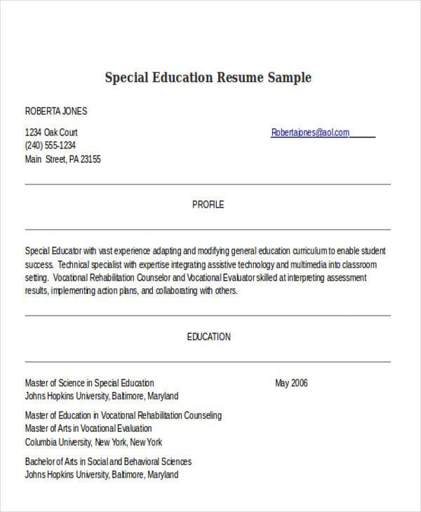 special education resume sample