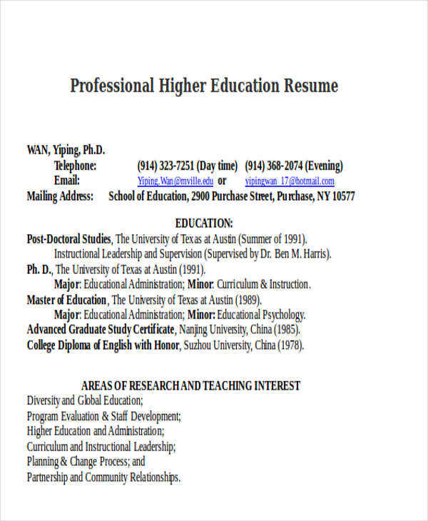 professional higher education resume