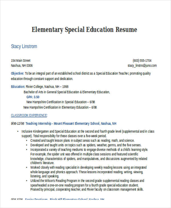 elementary special education resume