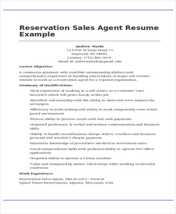 reservation sales agent resume