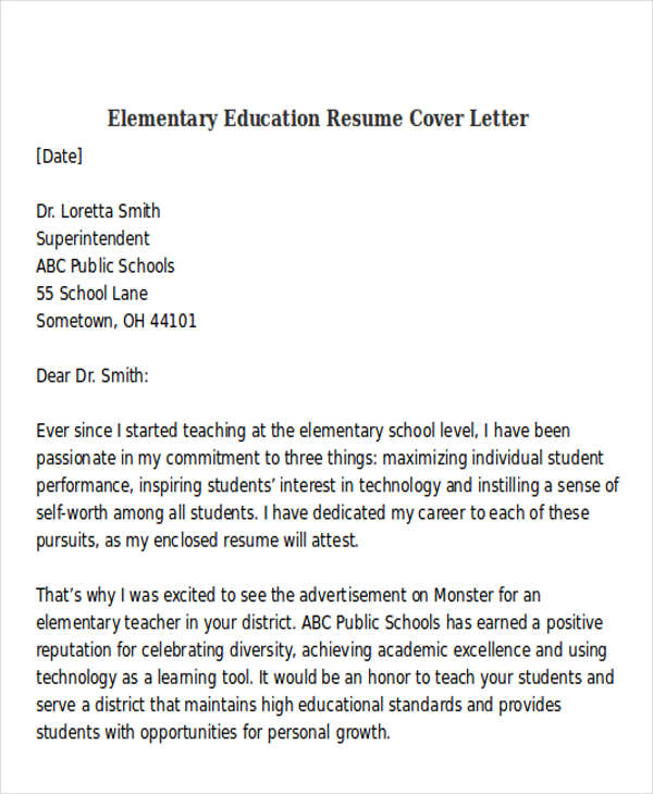 elementary education resume cover letter