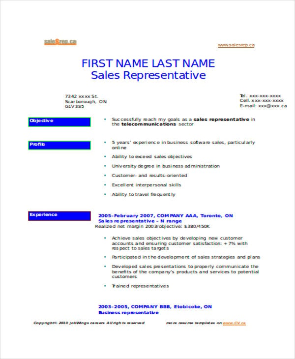 sales representative agent resume