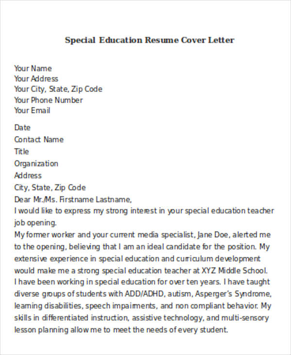 special education resume cover letter