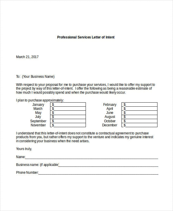professional services letter of intent