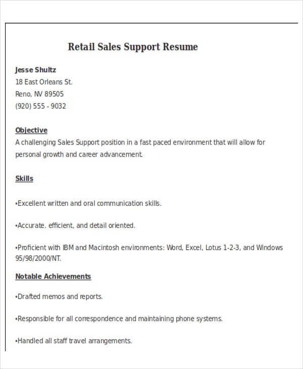 retail sales support resume