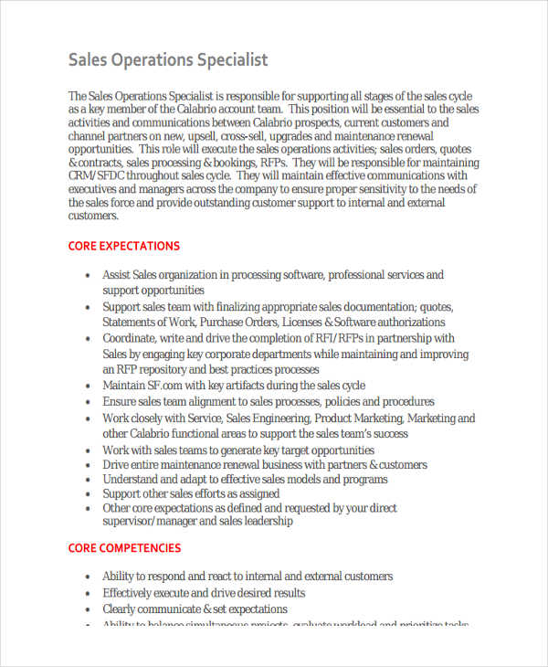 sales operations specialist resume