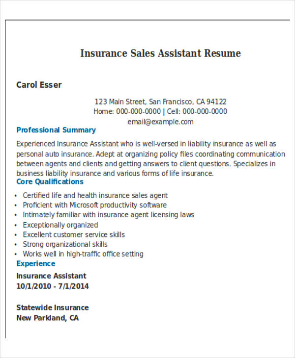 insurance sales assistant resume