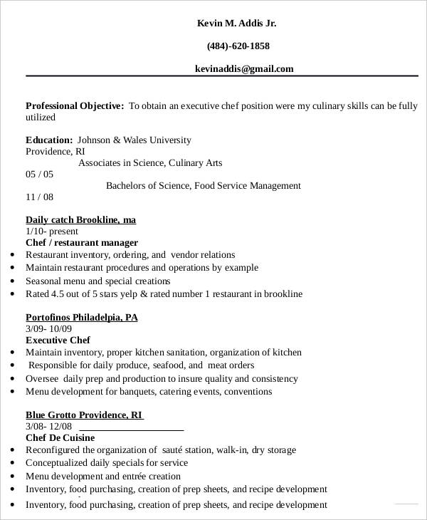 basic executive chef resume in pdf