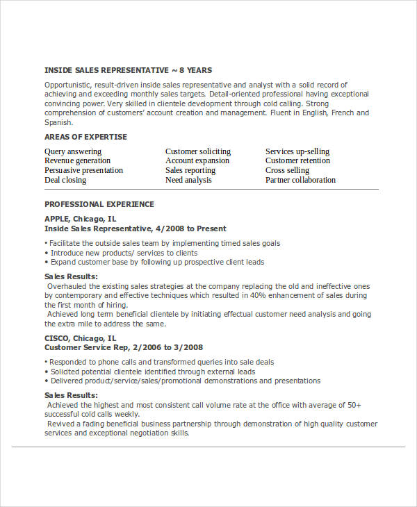 customer service inside sales resume