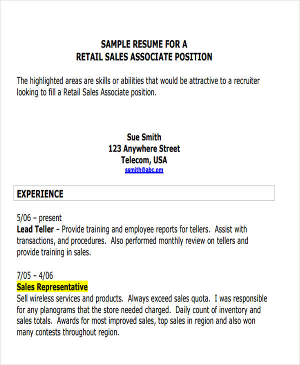 retail sales associate resume