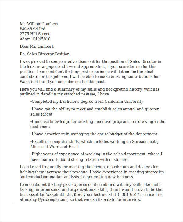 sales director resume cover letter
