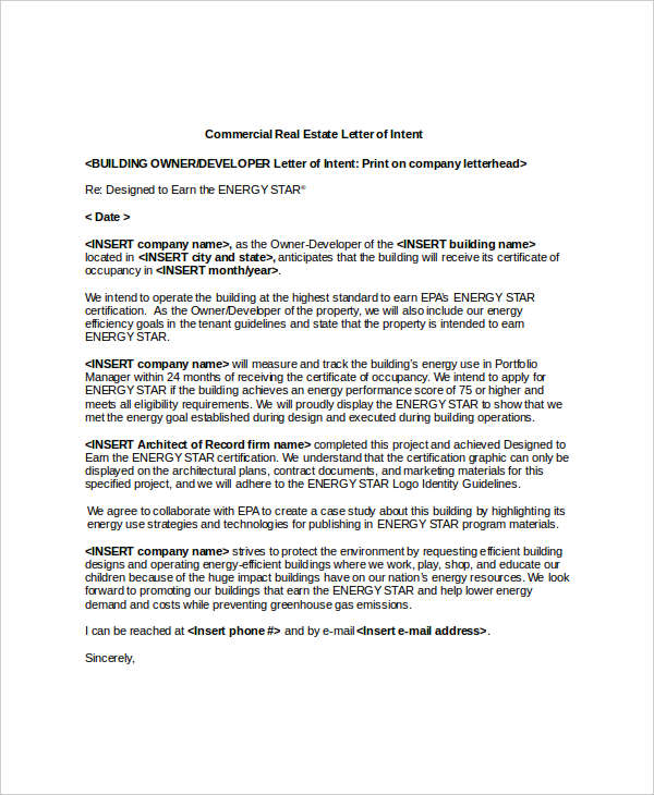 commercial real estate letter of intent doc