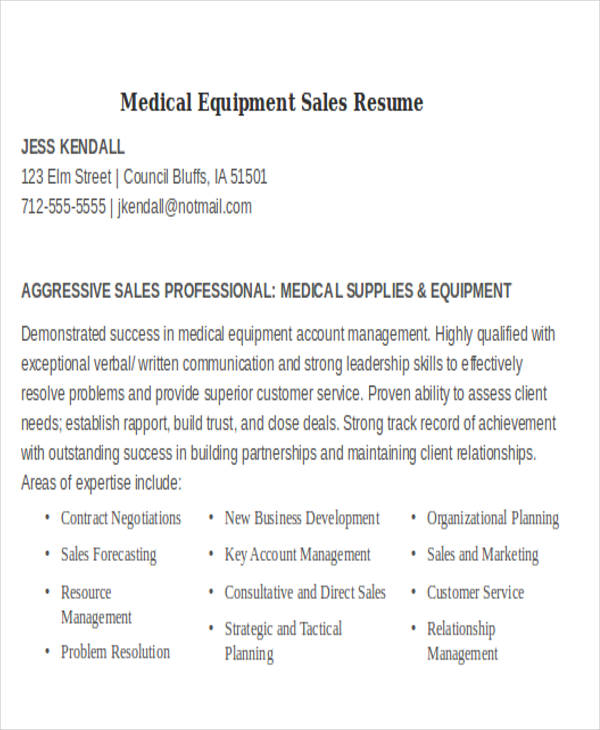 medical equipment sales resume
