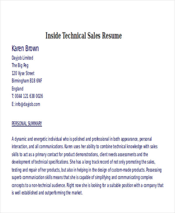 inside technical sales resume