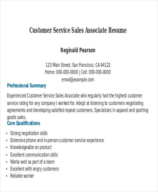 customer service sales associate resume