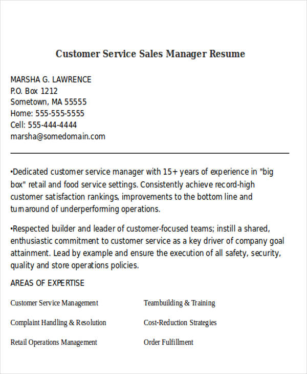 customer service sales manager resume