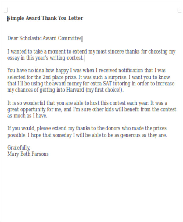 simple award thank you letter