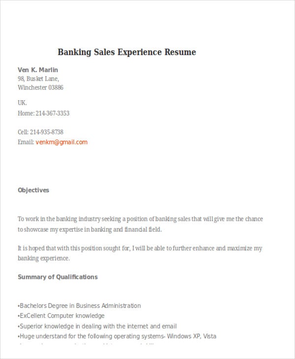banking sales experience resume