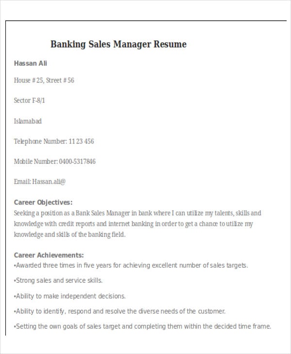 banking sales manager resume