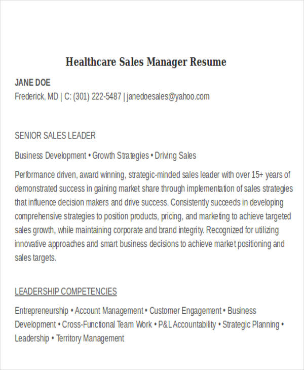 healthcare sales manager resume