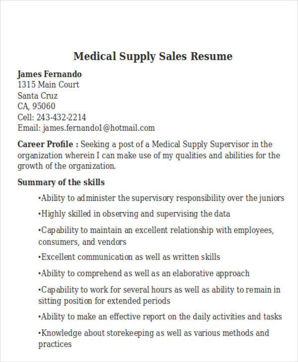 medical supply sales resume