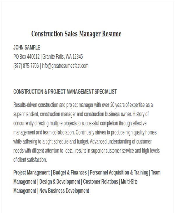 construction sales manager resume
