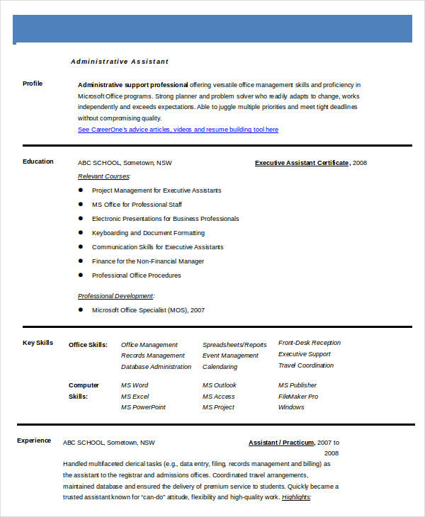 professional administrative resume example