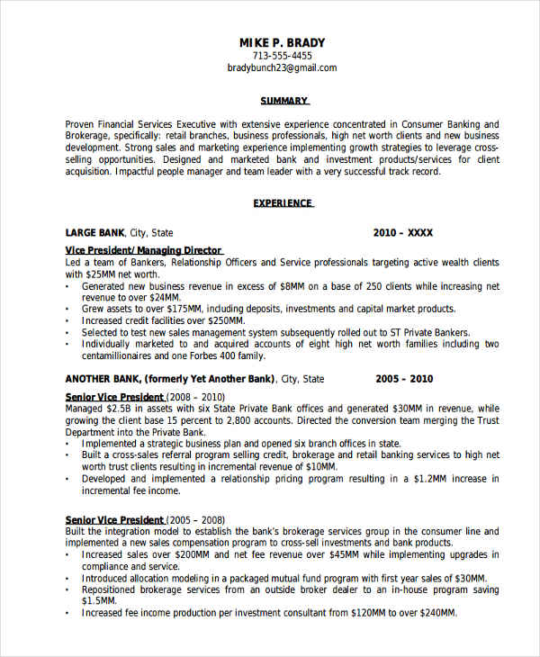 resume format for retail banking