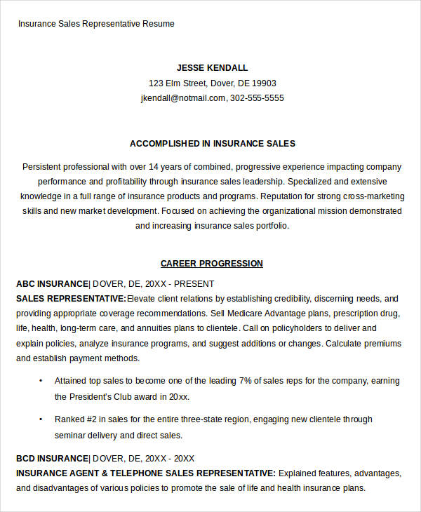 insurance sales representative resume