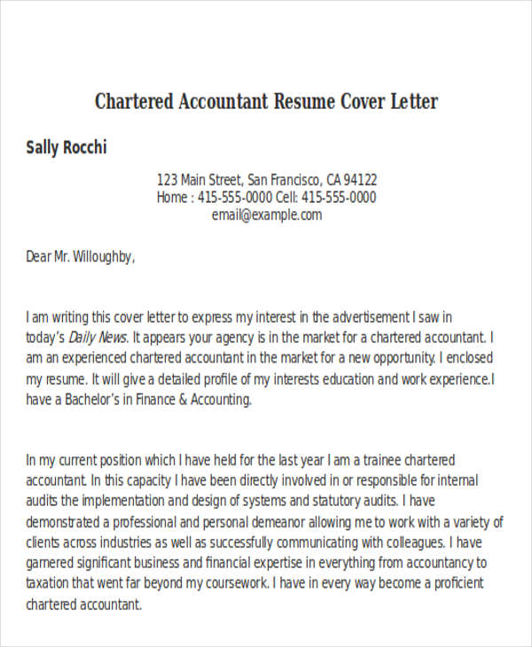 chartered accountant resume cover letter