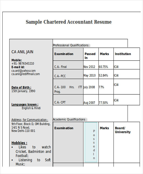 sample chartered accountant resume