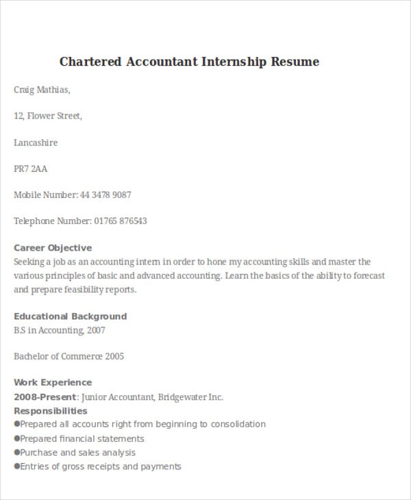 chartered accountant internship resume