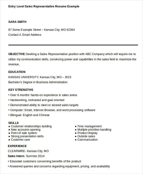 entry level sales representative resume