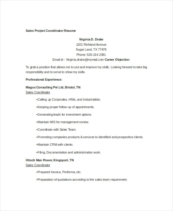 sales project coordinator resume