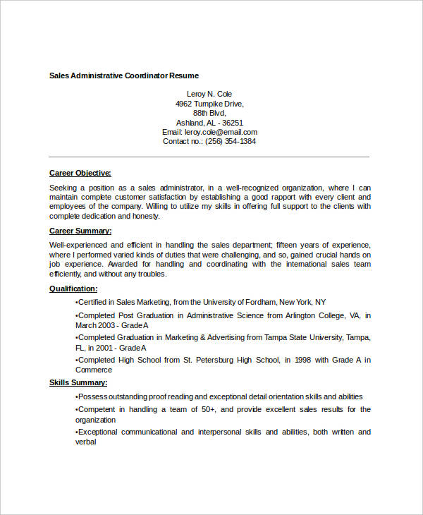 sales administrative coordinator resume